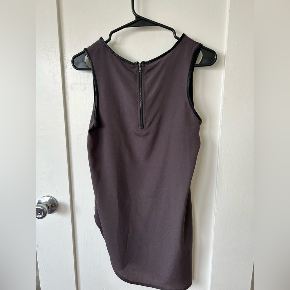 Brown with leather trim, sleeveless blouse